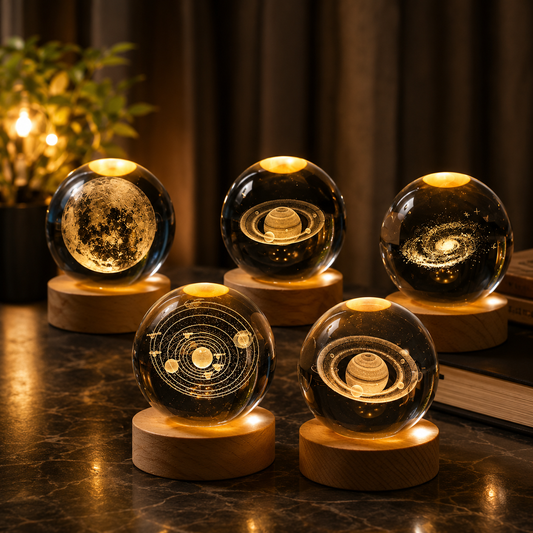 3d Galaxy Crystal Ball Night Light With Wooden Base - Decor Item Designed For Room