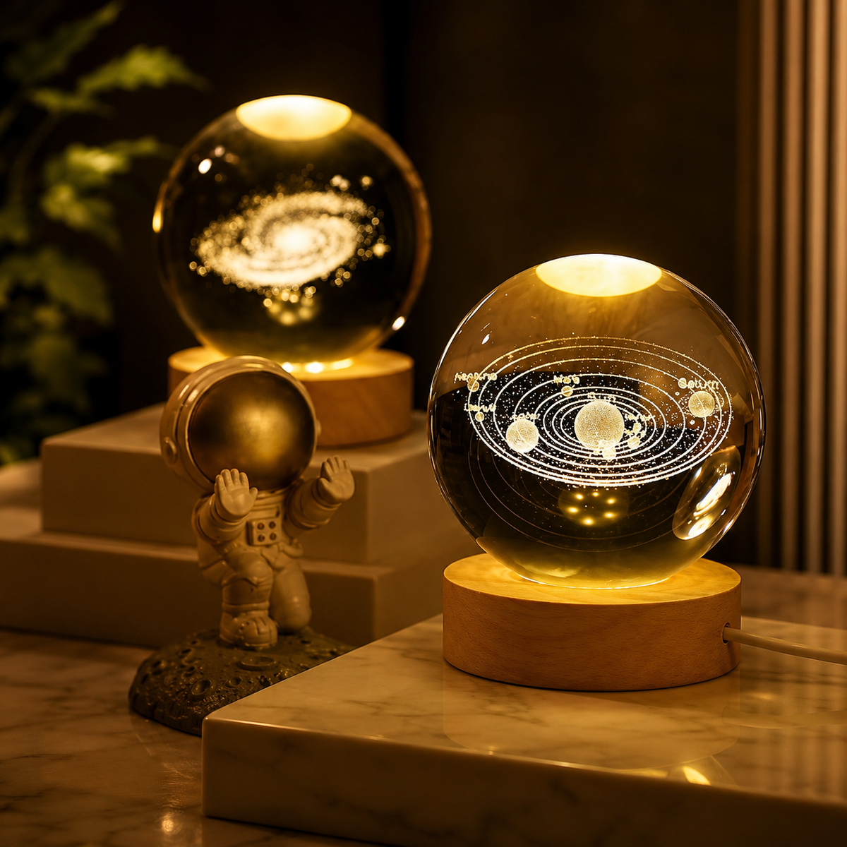 3d Galaxy Crystal Ball Night Light With Wooden Base - Decor Item Designed For Room