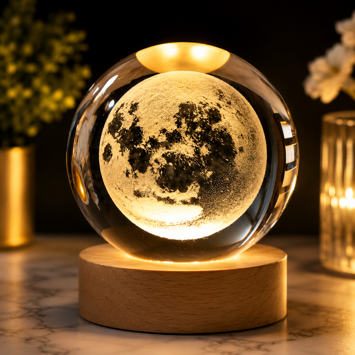 3d Galaxy Crystal Ball Night Light With Wooden Base - Decor Item Designed For Room