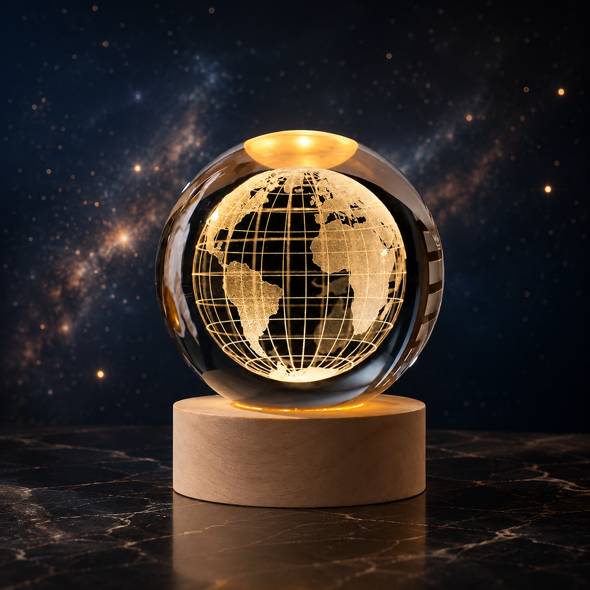 3d Galaxy Crystal Ball Night Light With Wooden Base - Decor Item Designed For Room